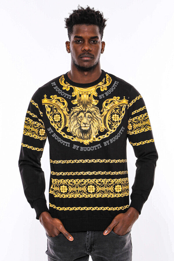 Patterned Slim Fit Black Yellow Sweatshirt - Wessi