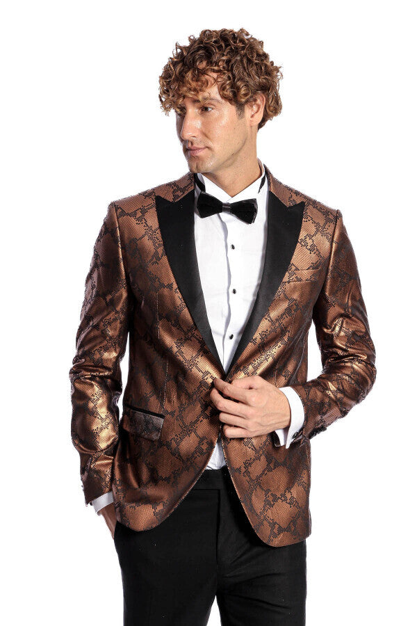 Blazer de fiesta para hombre en color marrón, ajustado y estampado - Wessi