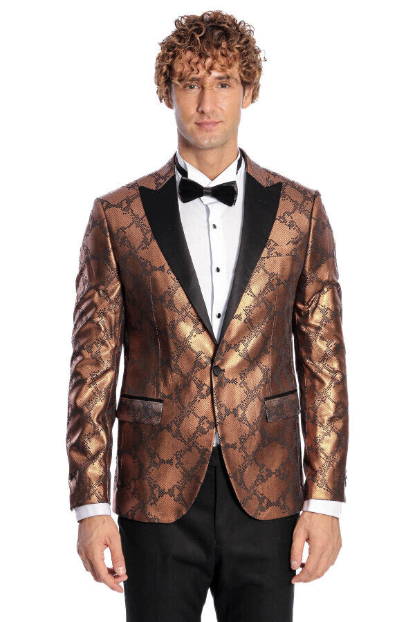 Blazer de fiesta para hombre en color marrón, ajustado y estampado - Wessi