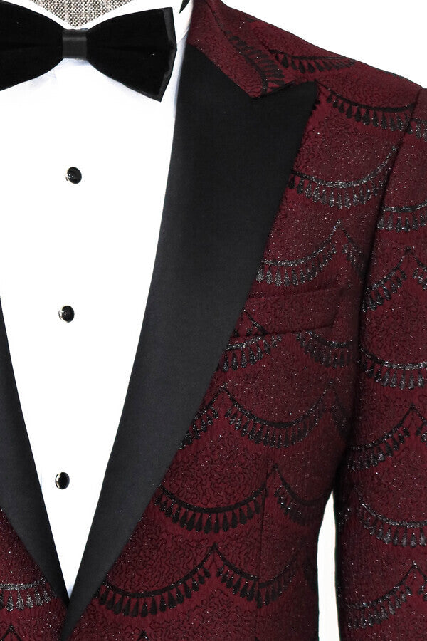 Patterned Slim Fit Burgundy Men Prom Blazer - Wessi