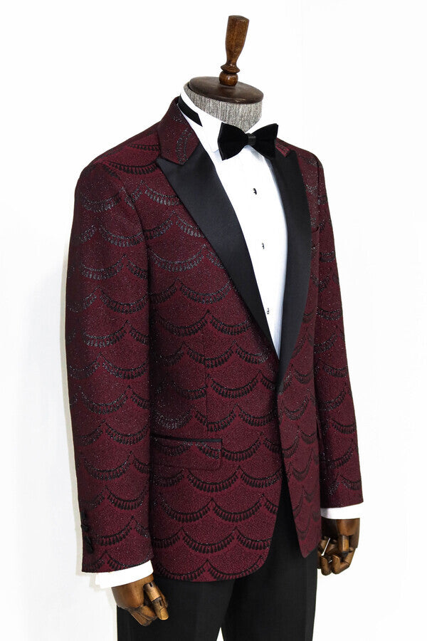 Patterned Slim Fit Burgundy Men Prom Blazer - Wessi