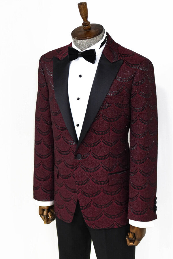 Patterned Slim Fit Burgundy Men Prom Blazer - Wessi