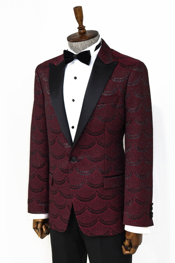 Patterned Slim Fit Burgundy Men Prom Blazer - Wessi