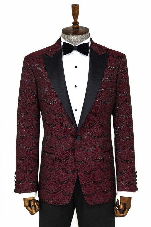 Patterned Slim Fit Burgundy Men Prom Blazer - Wessi