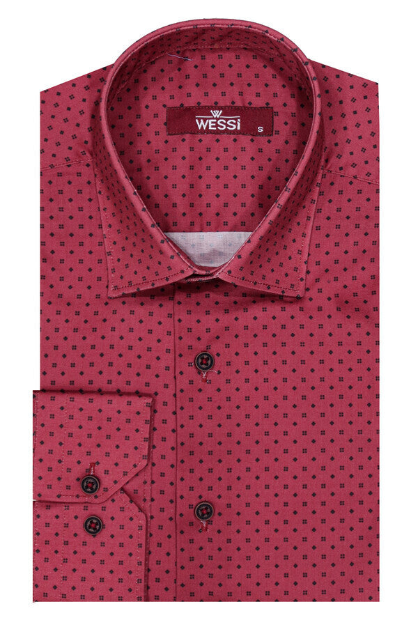 Patterned Slim Fit Burgundy Men Shirt - Wessi