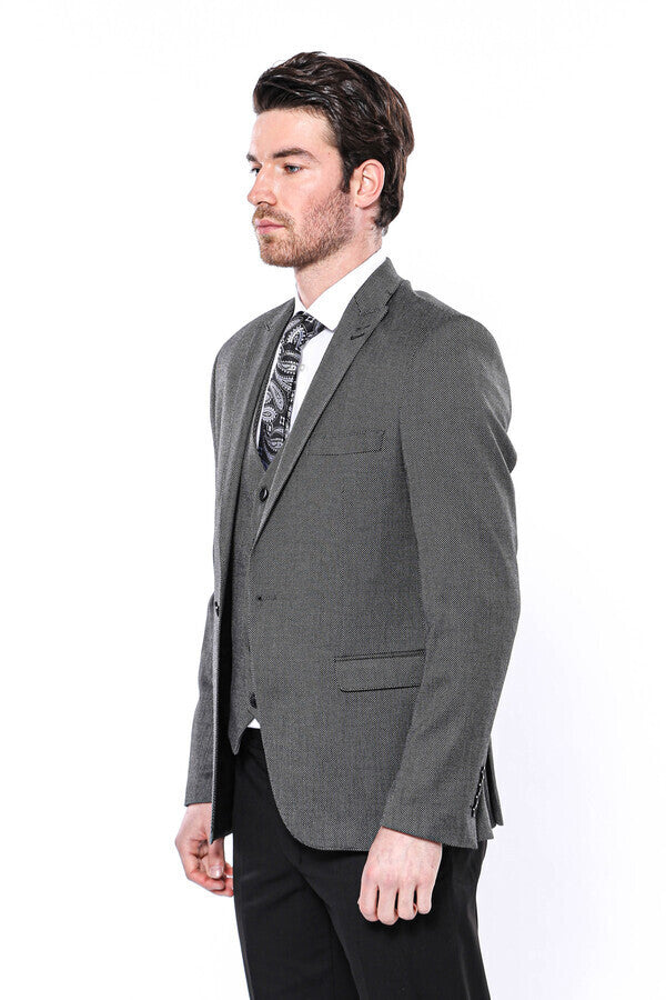 Patterned Slim-Fit Dark Grey Men Blazer - Wessi