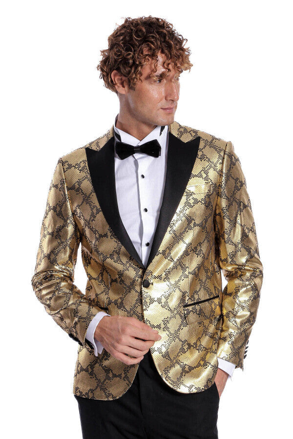 Patterned Slim Fit Gold Men Prom Blazer - Wessi