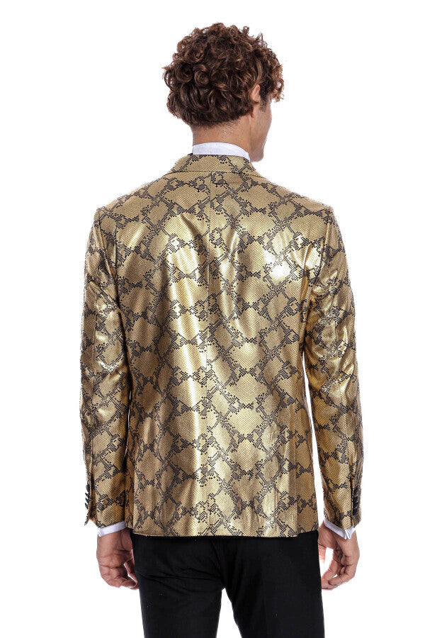 Patterned Slim Fit Gold Men Prom Blazer - Wessi