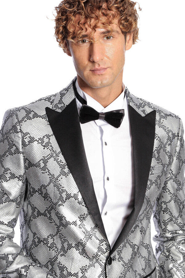 Patterned Slim Fit Grey Men Prom Blazer - Wessi