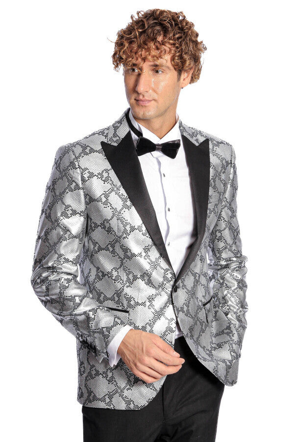 Patterned Slim Fit Grey Men Prom Blazer - Wessi