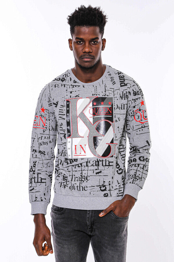 Patterned Slim Fit Grey Sweatshirt - Wessi