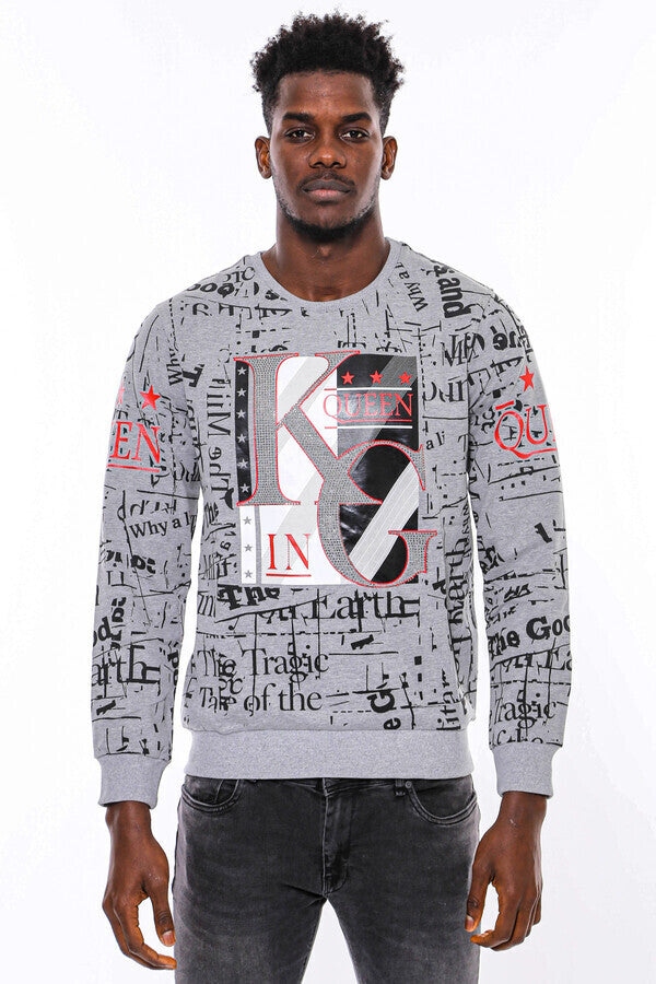 Patterned Slim Fit Grey Sweatshirt - Wessi