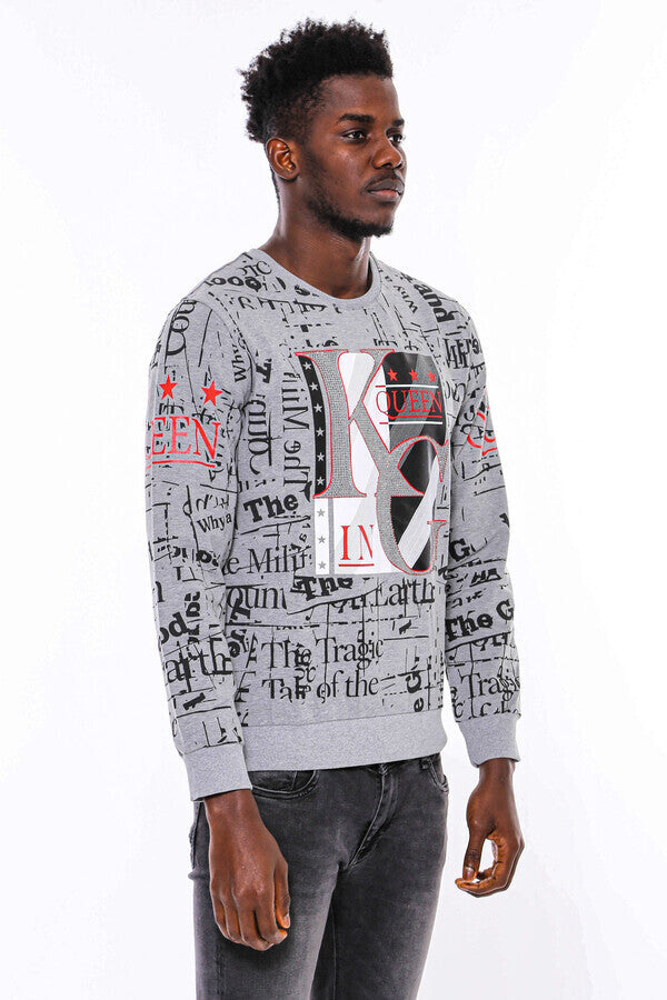 Patterned Slim Fit Grey Sweatshirt - Wessi