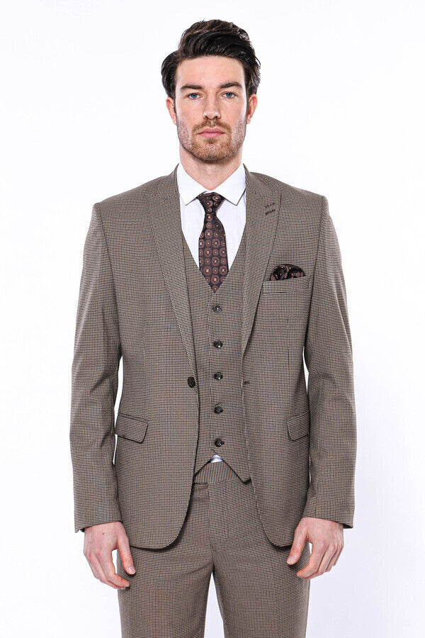 Patterned Slim Fit Light Brown Men Blazer - Wessi