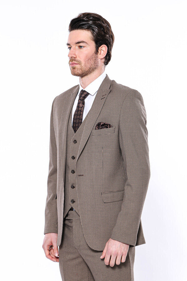 Patterned Slim Fit Light Brown Men Blazer - Wessi