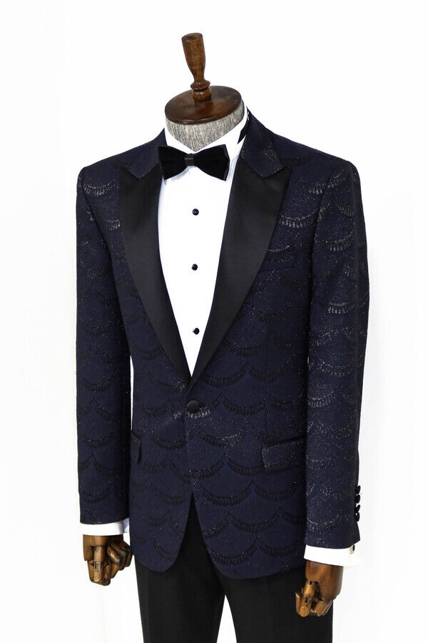 Blazer de fiesta azul marino ajustado y estampado para hombre - Wessi