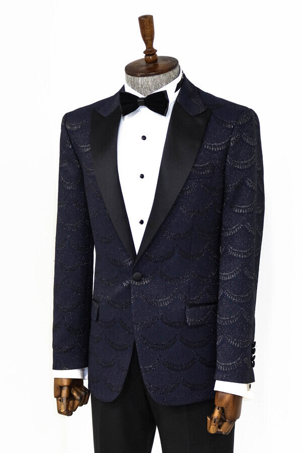 Patterned Slim Fit Navy Blue Men Prom Blazer - Wessi