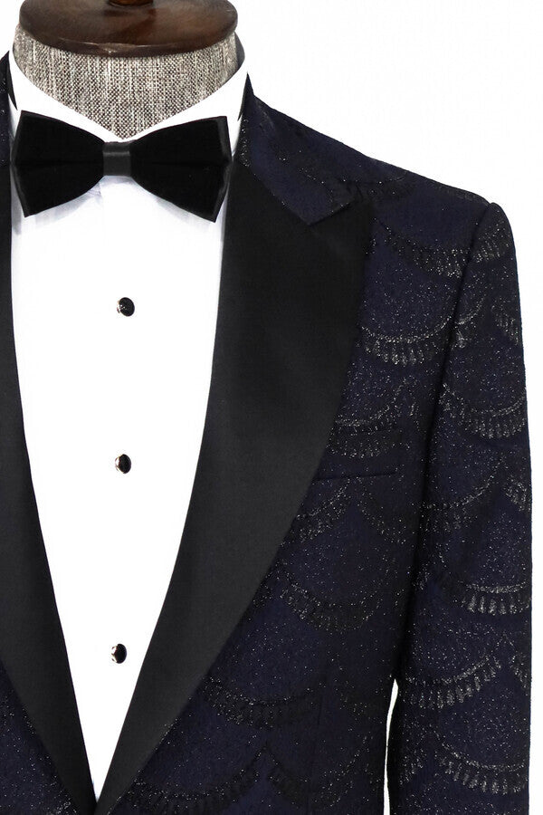 Patterned Slim Fit Navy Blue Men Prom Blazer - Wessi