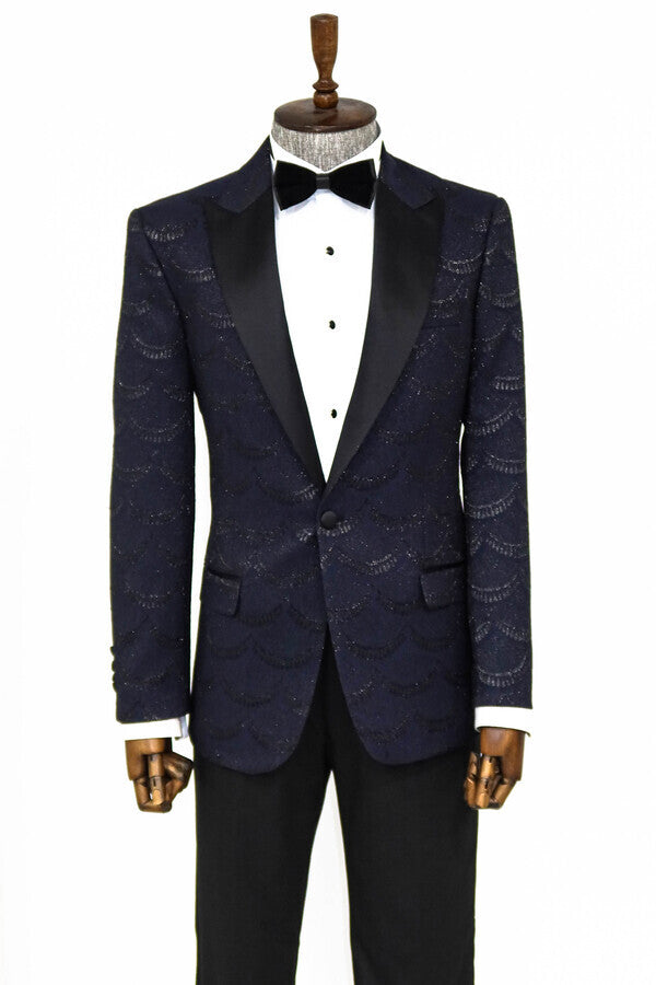 Patterned Slim Fit Navy Blue Men Prom Blazer - Wessi