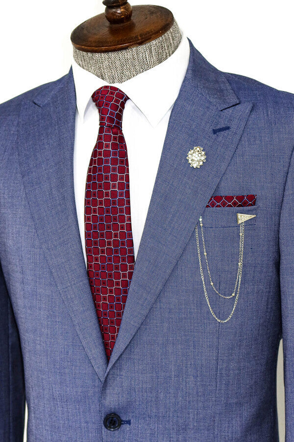 Patterned Two Piece Blue Men Suit - Wessi