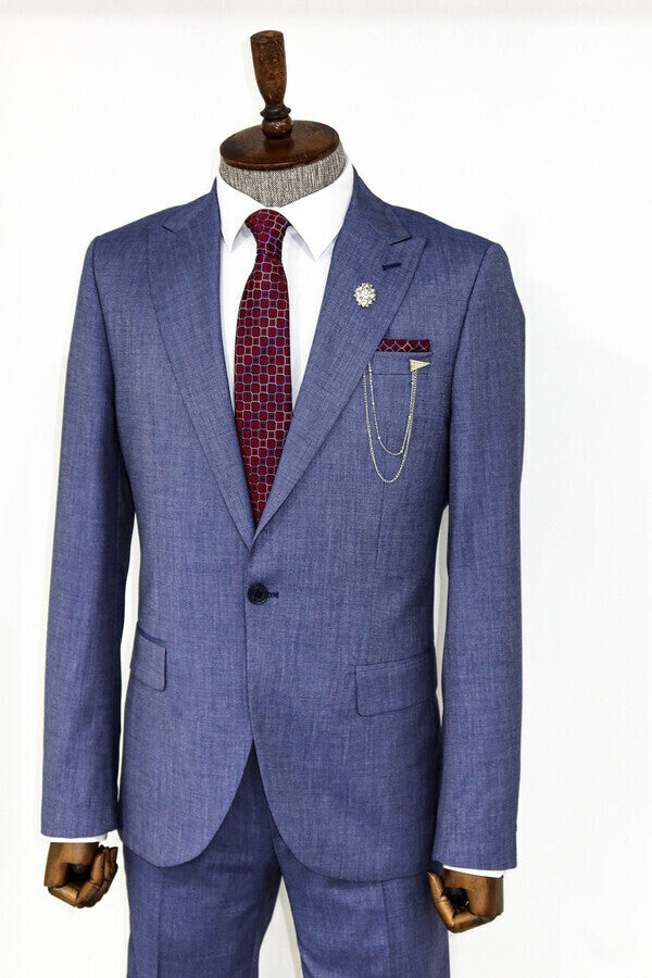 Patterned Two Piece Blue Men Suit - Wessi