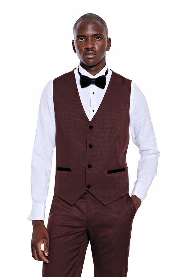 Patterned Velvet Lapel Burgundy Groom Suit - Wessi