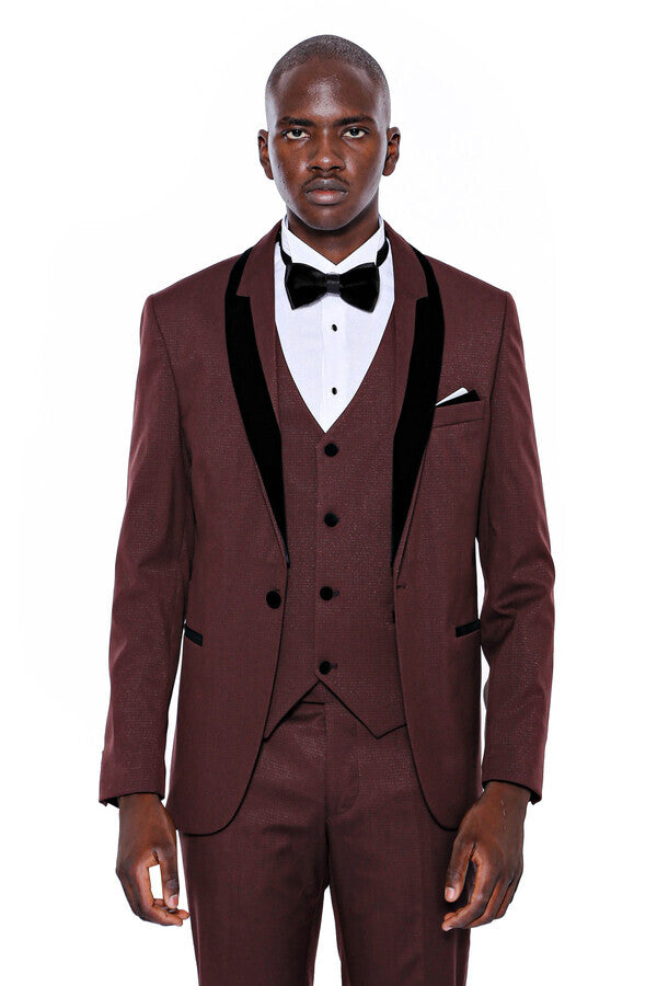 Patterned Velvet Lapel Burgundy Groom Suit - Wessi