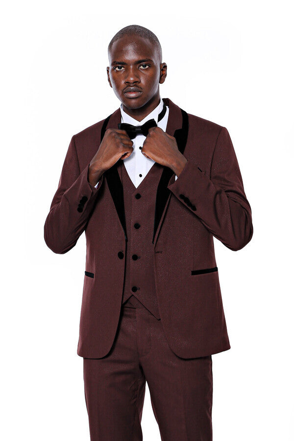 Patterned Velvet Lapel Burgundy Groom Suit - Wessi