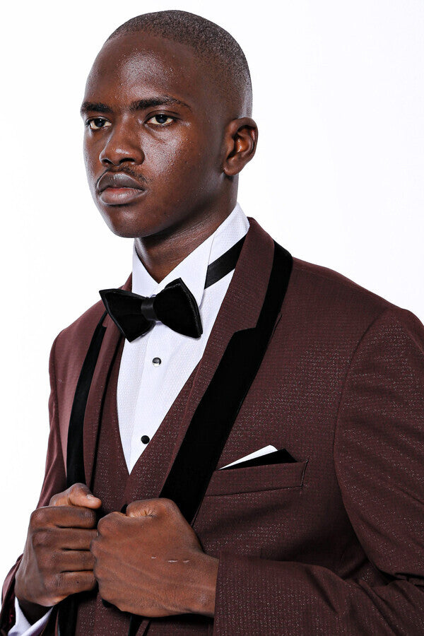 Patterned Velvet Lapel Burgundy Groom Suit - Wessi