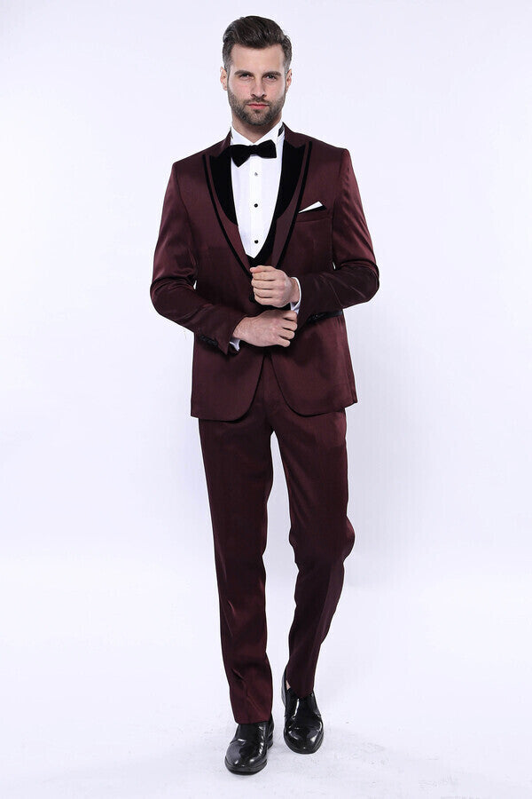 Patterned Velvet Lapel Burgundy Tuxedo | Wessi