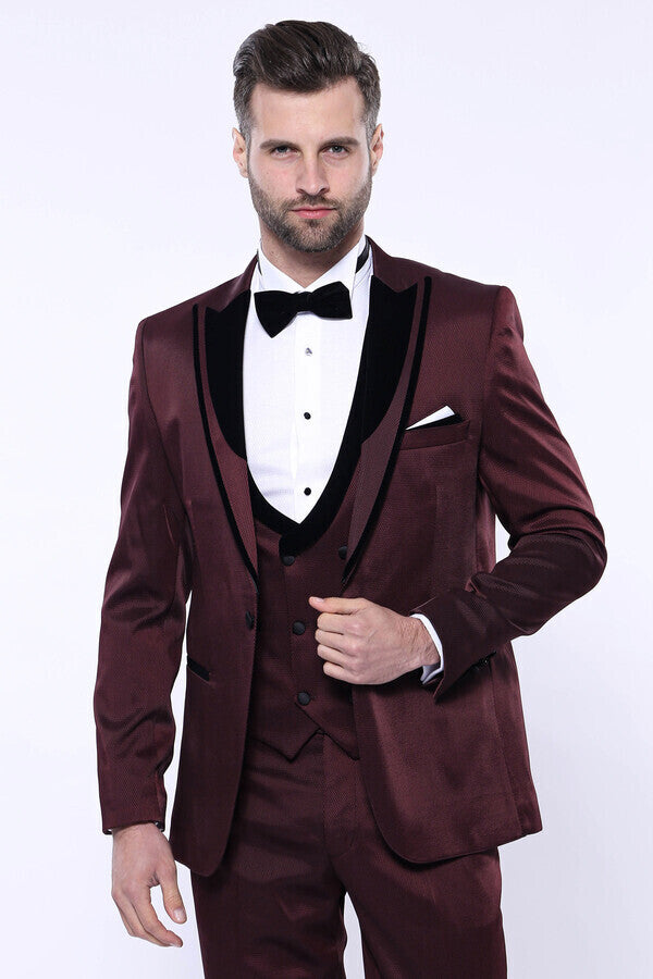 Patterned Velvet Lapel Burgundy Tuxedo | Wessi