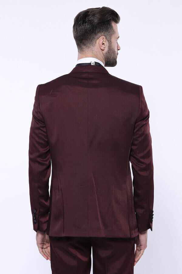 Patterned Velvet Lapel Burgundy Tuxedo | Wessi