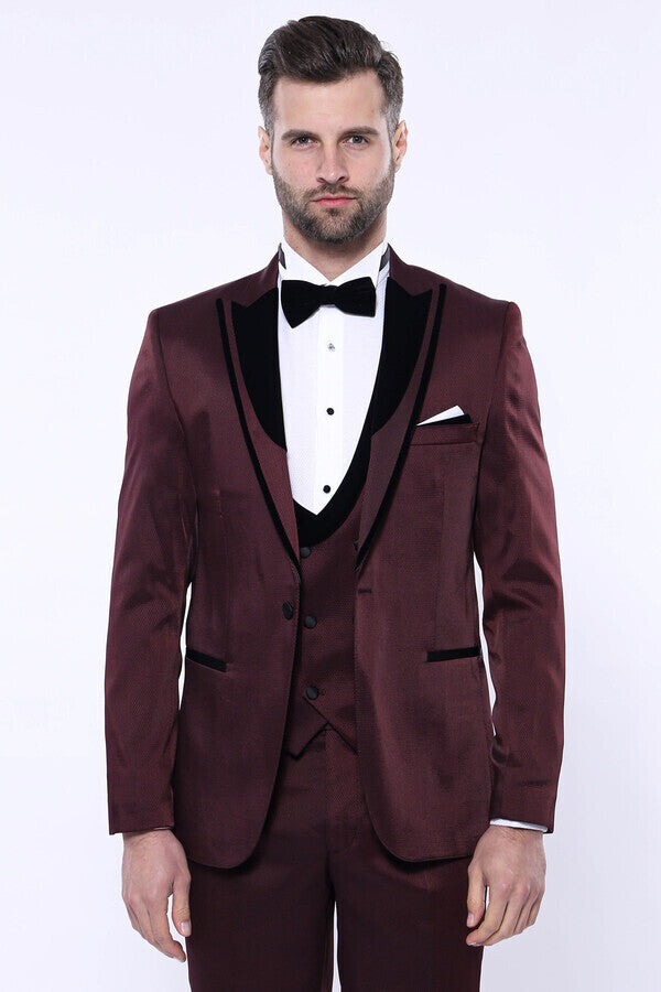 Patterned Velvet Lapel Burgundy Tuxedo | Wessi