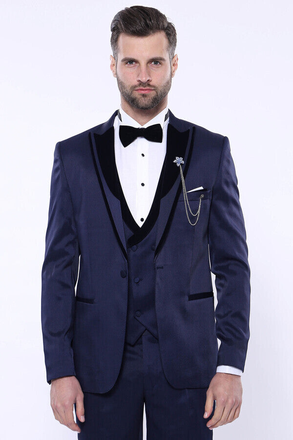 Patterned Velvet Lapel Navy Tuxedo | Wessi