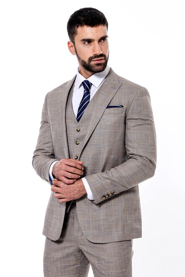 Patterned Vested Slim-Fit Beige Men’s Suit - Wessi