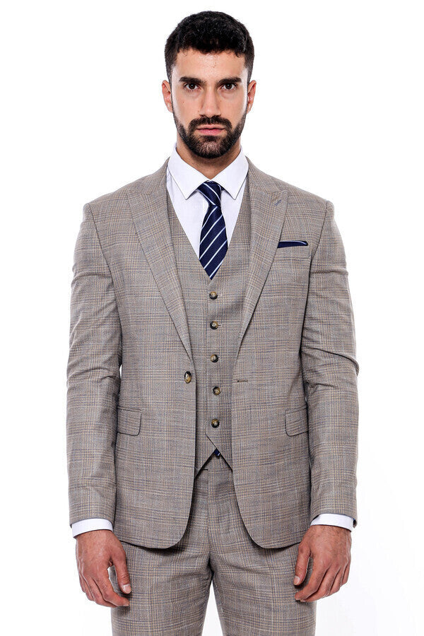 Patterned Vested Slim-Fit Beige Men’s Suit - Wessi