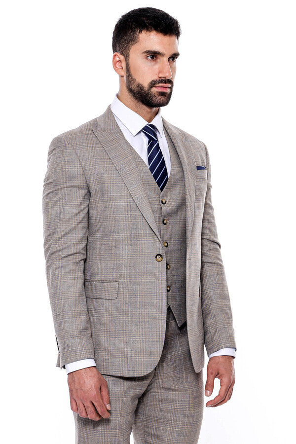 Patterned Vested Slim-Fit Beige Men’s Suit - Wessi