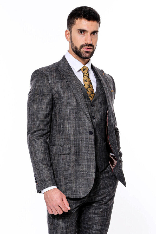 Patterned Vested Slim-Fit Black Men’s Suit - Wessi