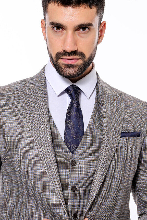 Patterned Vested Slim-Fit Brown Men Suit - Wessi