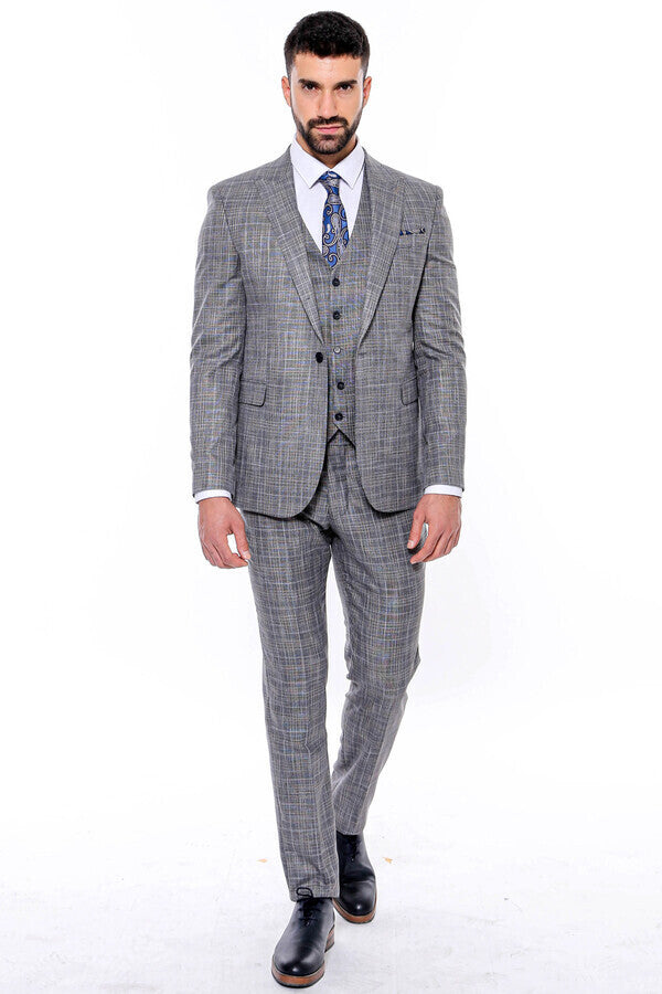 Patterned Vested Slim-Fit Dark Grey Men’s Suit - Wessi