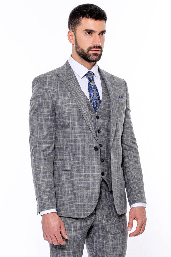 Patterned Vested Slim-Fit Dark Grey Men’s Suit - Wessi