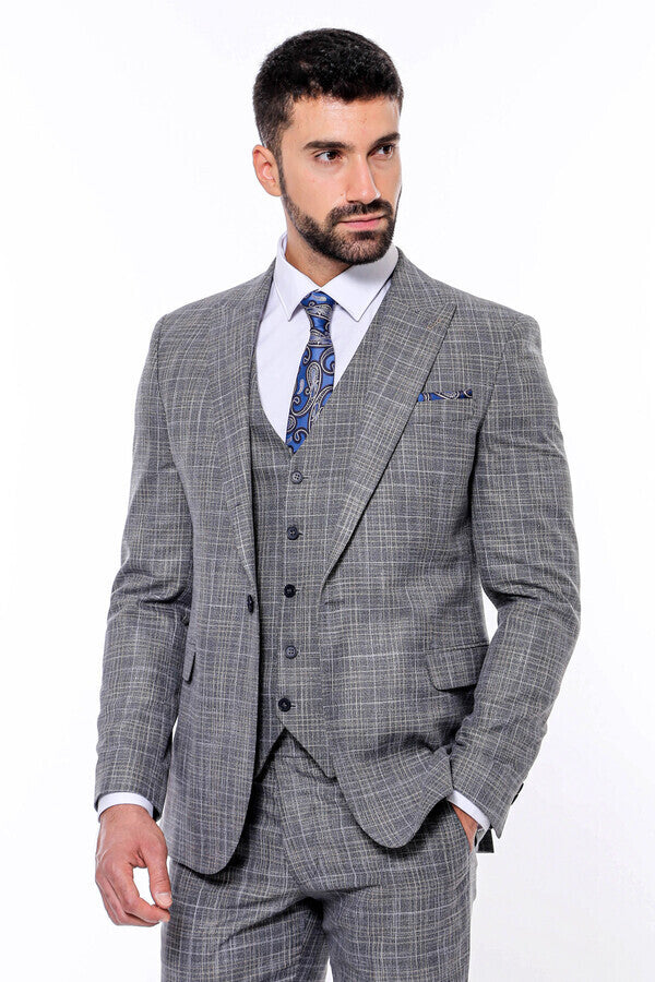 Traje de hombre gris oscuro ajustado con estampado y chaleco - Wessi