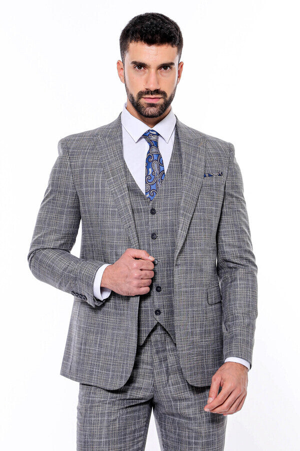 Traje de hombre gris oscuro ajustado con estampado y chaleco - Wessi