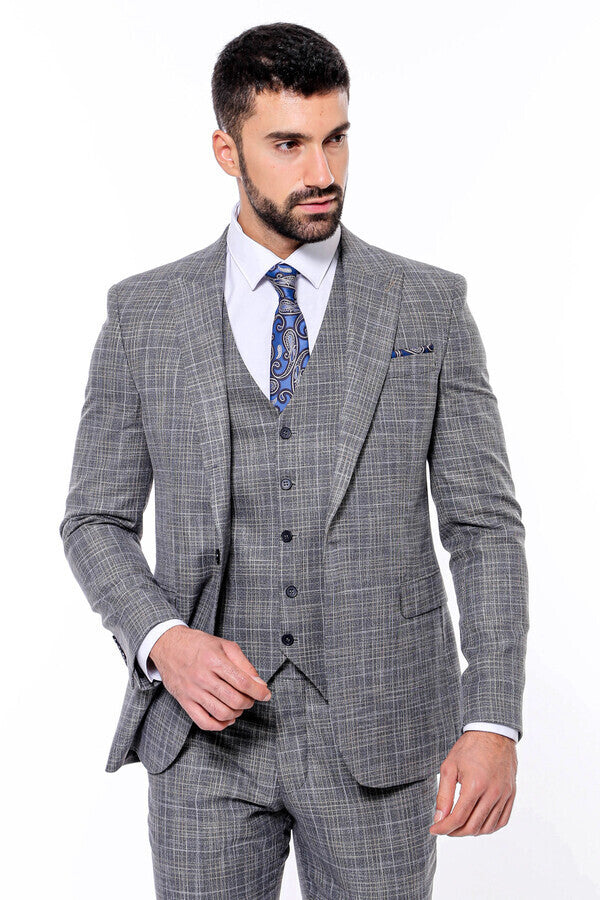 Patterned Vested Slim-Fit Dark Grey Men’s Suit - Wessi