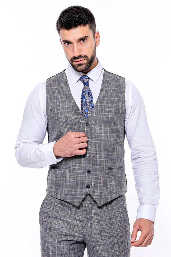 Patterned Vested Slim-Fit Dark Grey Men’s Suit - Wessi