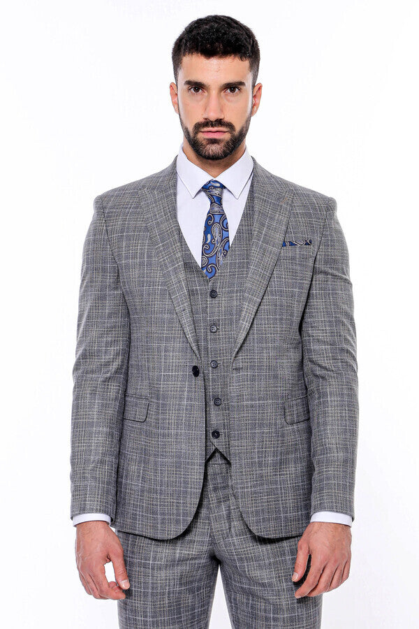 Patterned Vested Slim-Fit Dark Grey Men’s Suit - Wessi