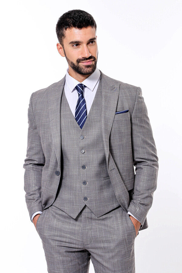 Patterned Vested Slim-Fit Grey Men Suit - Wessi