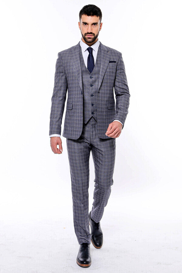 Patterned Vested Slim-Fit Navy Blue Men Suit - Wessi