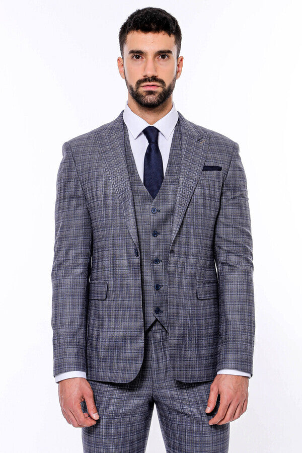 Patterned Vested Slim-Fit Navy Blue Men Suit - Wessi