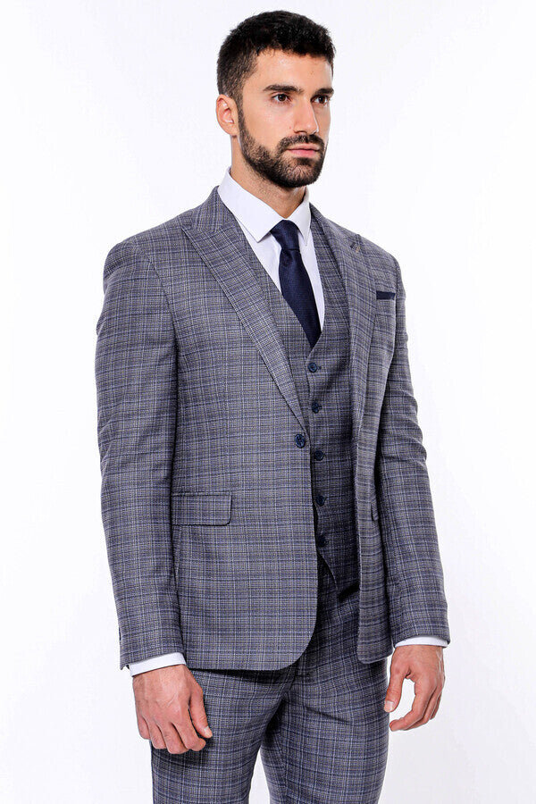 Patterned Vested Slim-Fit Navy Blue Men Suit - Wessi